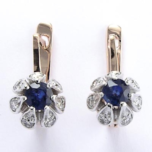 Russian Style 14k Rose Gold Genuine Sapphire and Diamond Earrings Malinka #E960